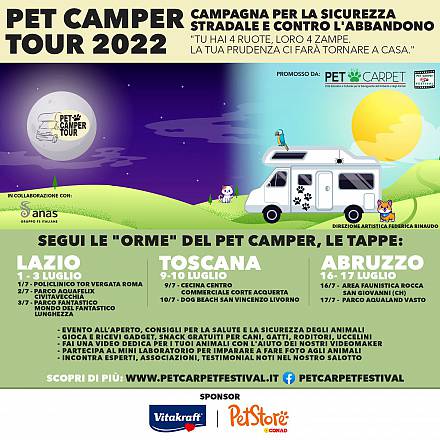 Riparte il camper solidale degli animali: pet camper tour. in ogni tappa: ospiti, giochi e gadget gratuiti e lancio della campagna per la sicurezza stradale e contro l’abbandono